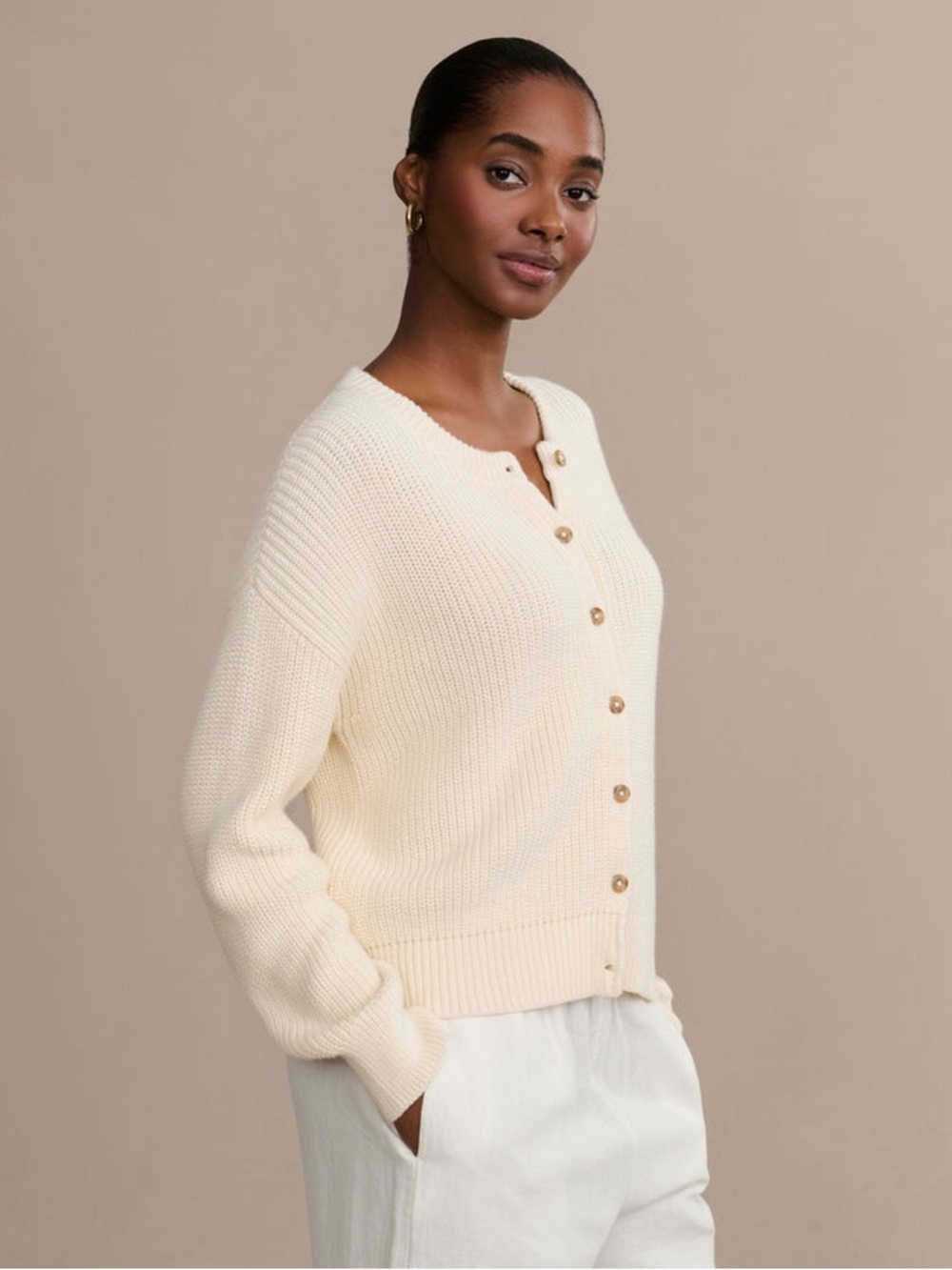 Jenni Kayne Cotton Hayes Crewneck Cardigan Ivory XS